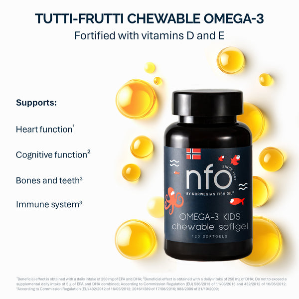 儿童Omega-3咀嚼胶囊，含维生素D，鱼明胶 - 120粒