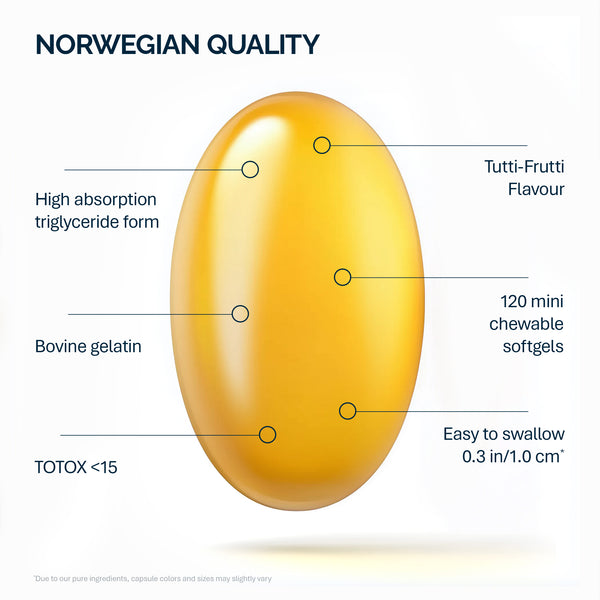 儿童Omega-3咀嚼胶囊，含维生素D，鱼明胶 - 120粒
