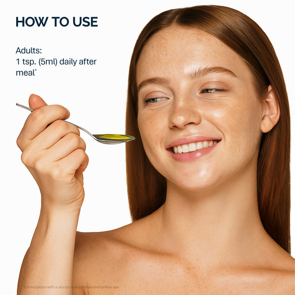 Woman holding a spoon with a product, showing how to use it.