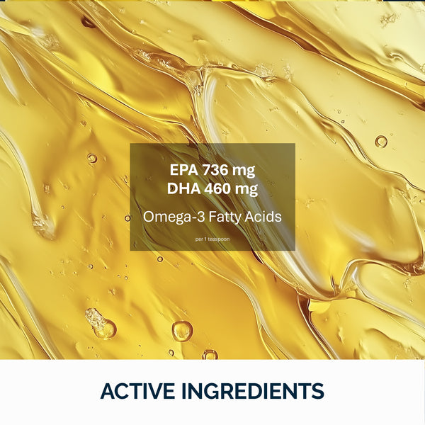 Close-up of yellow liquid with text overlaying on a gray square, featuring Omega-3 fatty acids.